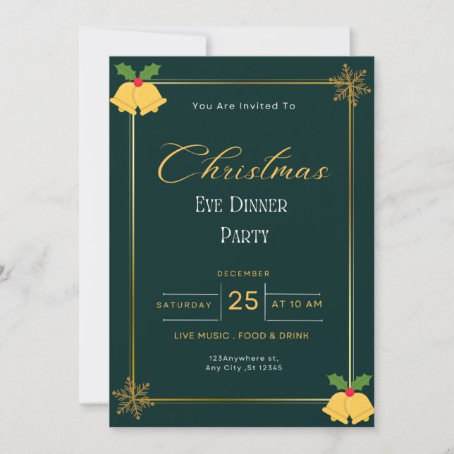Green And Gold Christmas Eve Party  Invitation (Front)