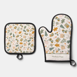 Green And Gold Christmas Holiday Party Oven Mitt & Pot Holder Set