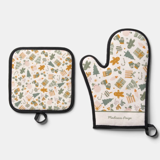 Green And Gold Christmas Holiday Party Oven Mitt & Pot Holder Set (Front)