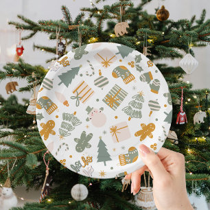 Green And Gold Christmas Holiday Party Paper Plate