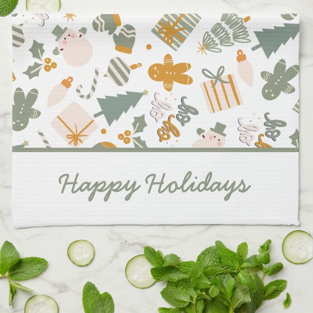 Green And Gold Christmas Holiday Party Tea Towel (Folded)
