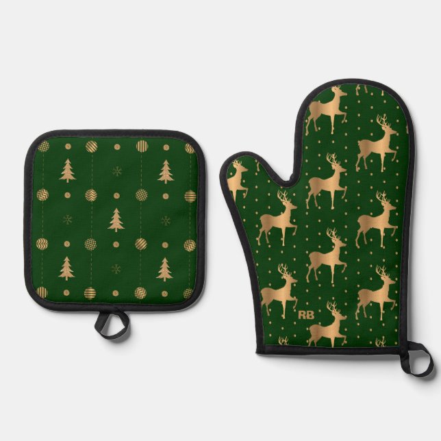 Green and Gold Christmas Oven Mitt & Pot Holder Set (Front)