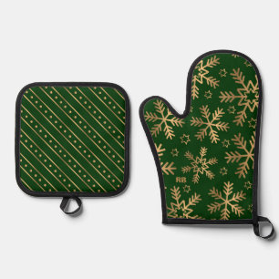 Green and Gold Christmas Oven Mitt & Pot Holder Set