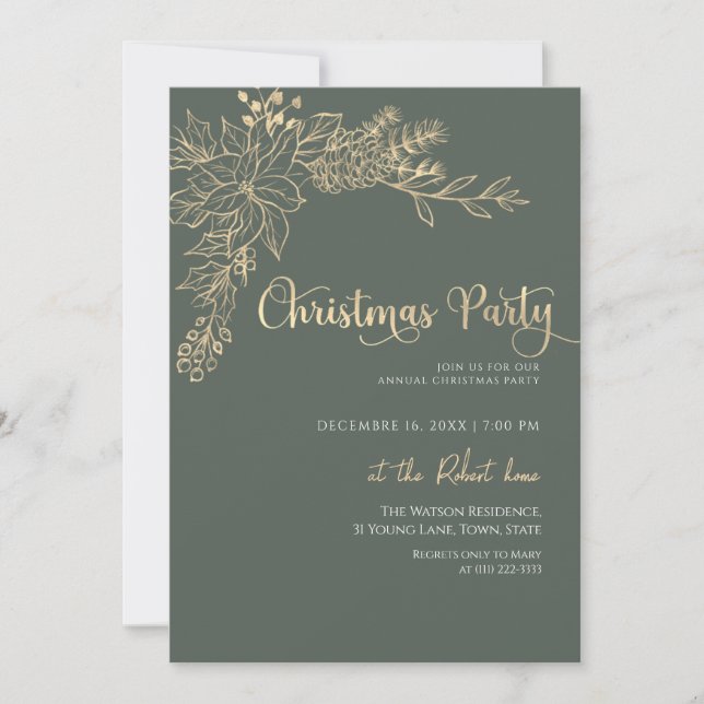 Green and Gold Christmas Party Invitation (Front)