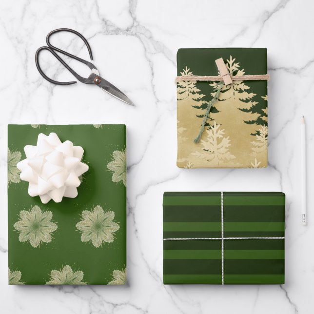 Green And Gold Christmas Pine Tree Wrapping Paper Sheet (Front)
