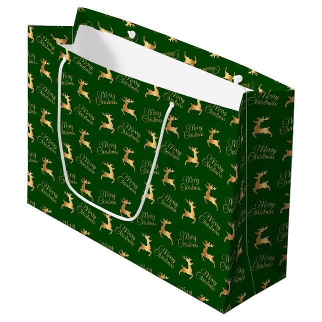 Green and Gold Christmas Reindeers Large Gift Bag (Front Angled)