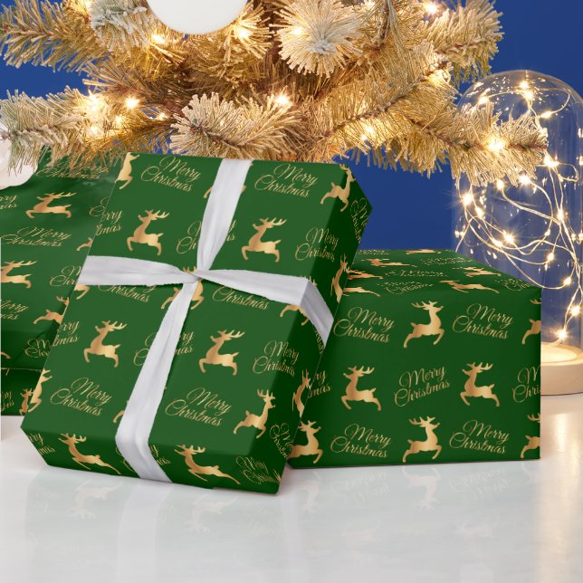 Green and Gold Christmas Reindeers Wrapping Paper (Holidays)