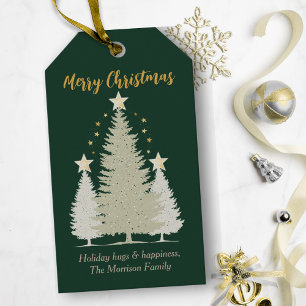 Green and Gold Christmas Tree and Stars Gift Tags