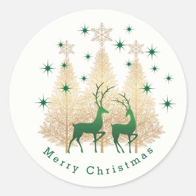 Green and gold Christmas tree, reindeer Classic Round Sticker (Front)