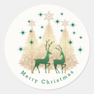 Green and gold Christmas tree, reindeer Classic Round Sticker