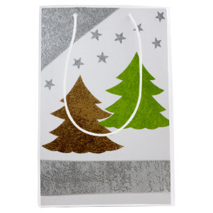 Green and Gold Christmas tree, silver stars Medium Gift Bag