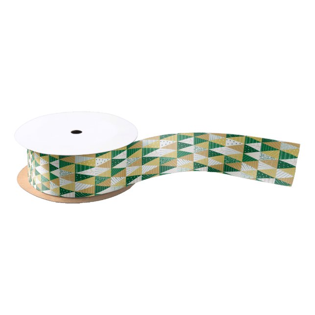 Green and Gold Christmas Trees Satin Ribbon (Spool)