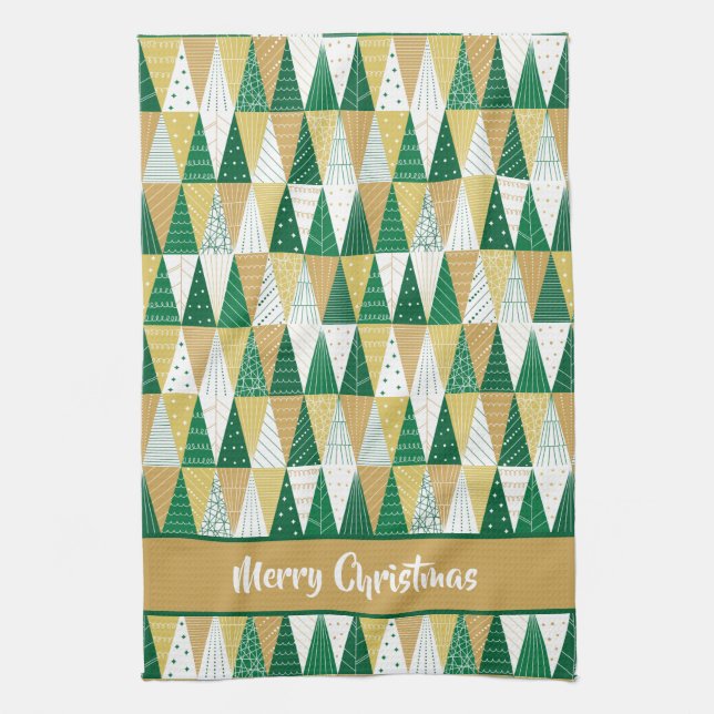 Green and Gold Christmas Trees Tea Towel (Vertical)