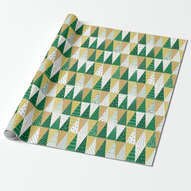 Green and Gold Christmas Trees Wrapping Paper (Unrolled)