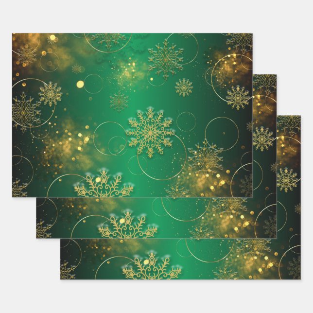 Green And Gold Christmas Winter Wonderland Wrapping Paper Sheet (Set)