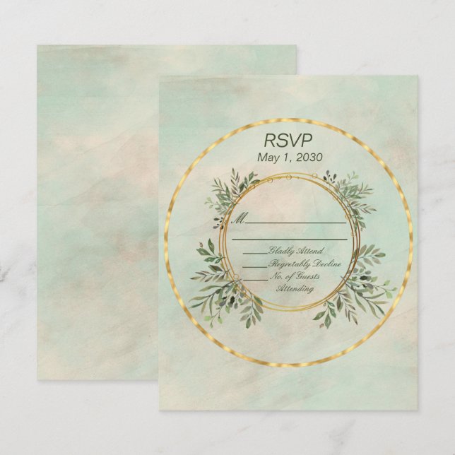 Green and Gold Circle Frame Wedding RSVP (Front/Back)