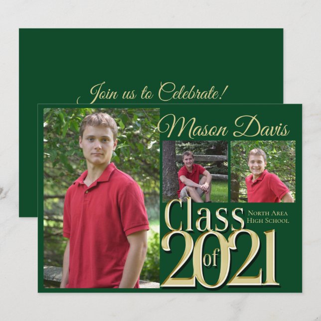 Green and Gold Class of 2021 Photo Graduation Invitation (Front/Back)