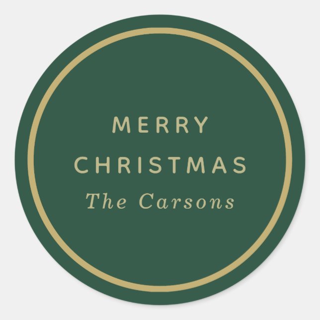 Green and gold classic round Christmas stickers (Front)