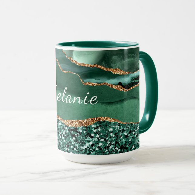 Green and Gold Coffee Mug Gift Personalised Name (Front Right)