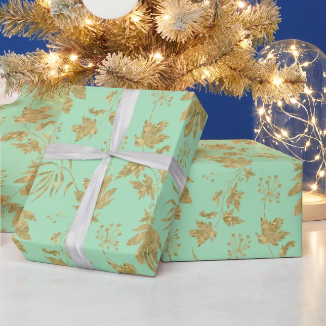 Green and Gold Coloured Plants and Leaves Wrapping Paper (Holidays)