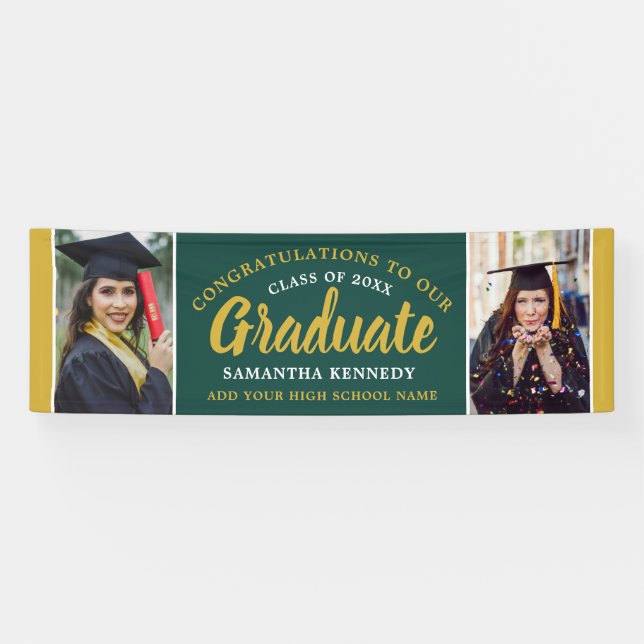 Green And Gold Congrats Grad 2 Photo Graduation Banner (Horizontal)