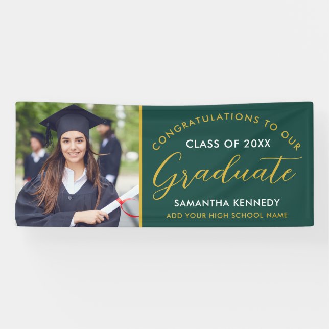  Green And Gold Congrats Grad Photo Graduation Banner (Horizontal)