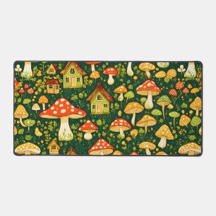 Green and gold cottage core flower and mushroom desk mat