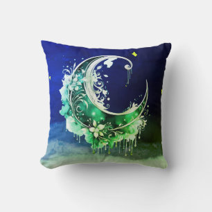 Green and Gold Crescent Moon Starry Halloween Cushion