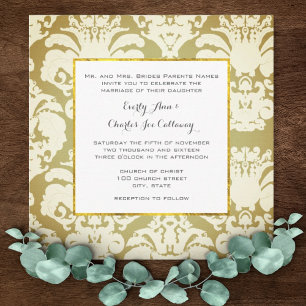 Green and Gold Damask Wedding Invitations