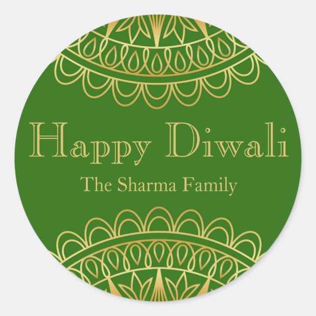 Green and Gold Diwali Party Favour Classic Round Sticker (Front)