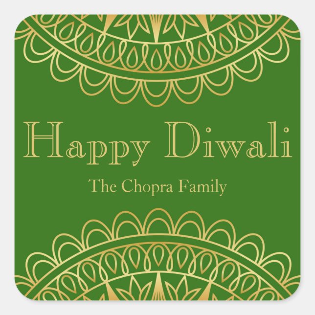 Green and Gold Diwali Party Favour Square Sticker (Front)