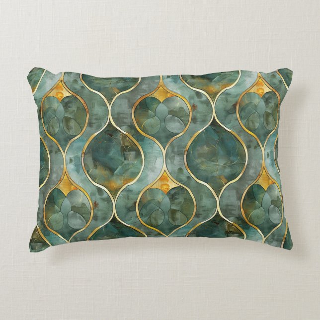 Green and Gold Elegant Pattern Decorative Cushion (Front)