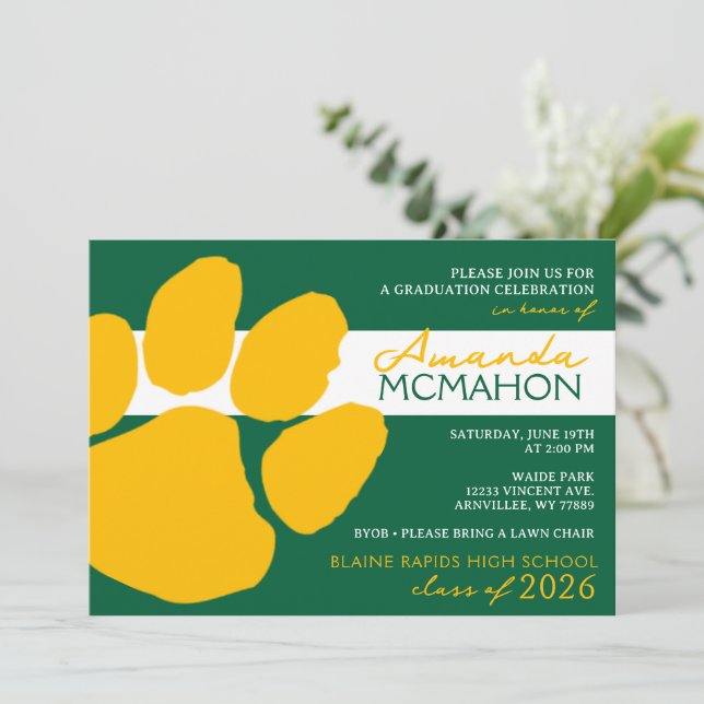 Green and Gold Elegant Pawprint (Photo Back) Invitation (Standing Front)