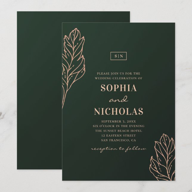 Green and gold elegant wedding. Emerald botanical Invitation (Front/Back)