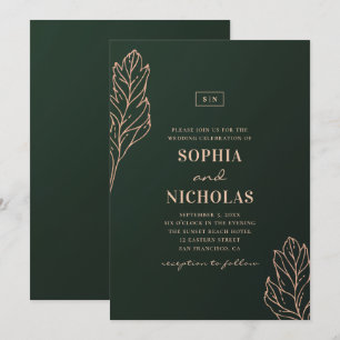 Green and gold elegant wedding. Emerald botanical Invitation