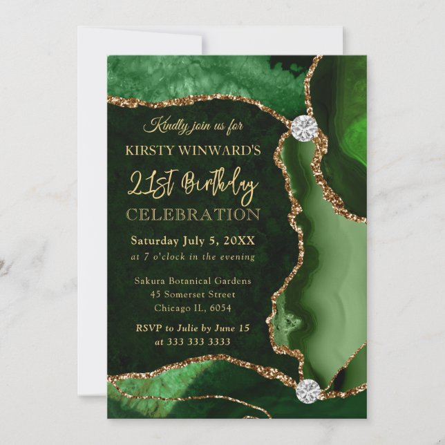 Green and Gold Faux Glitter Agate Birthday Invitation (Front)