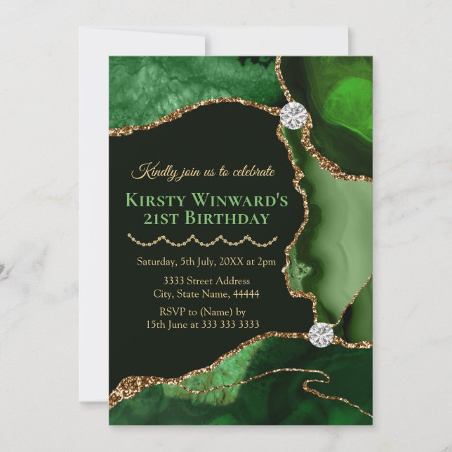 Green and Gold Faux Glitter Agate Birthday Party Invitation (Front)