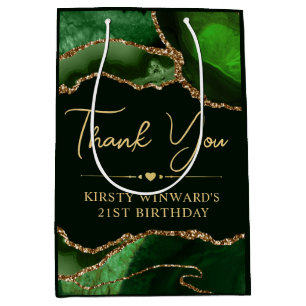 Green and Gold Faux Glitter Agate Birthday Party  Medium Gift Bag