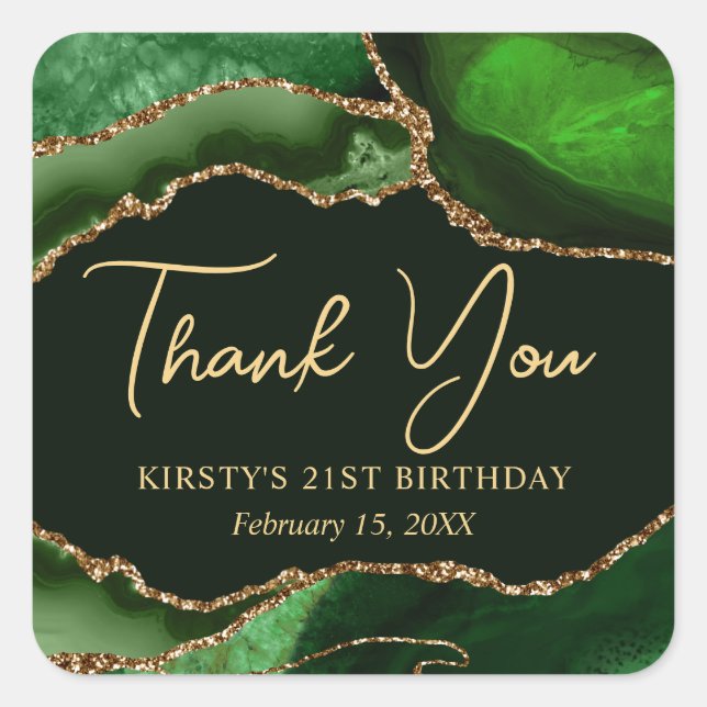 Green and Gold Faux Glitter Agate Birthday Party Square Sticker (Front)