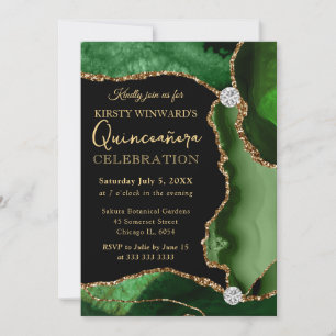 Green and Gold Faux Glitter Agate Quinceanera Invitation