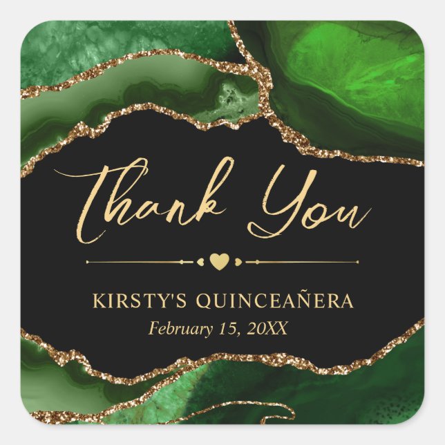 Green and Gold Faux Glitter Agate Quinceanera Square Sticker (Front)