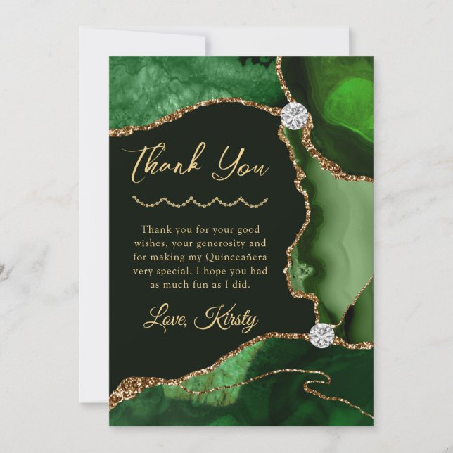 Green and Gold Faux Glitter Agate Quinceanera Thank You Card (Front)
