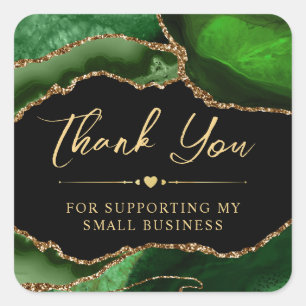 Green and Gold Faux Glitter Agate Small Business Square Sticker
