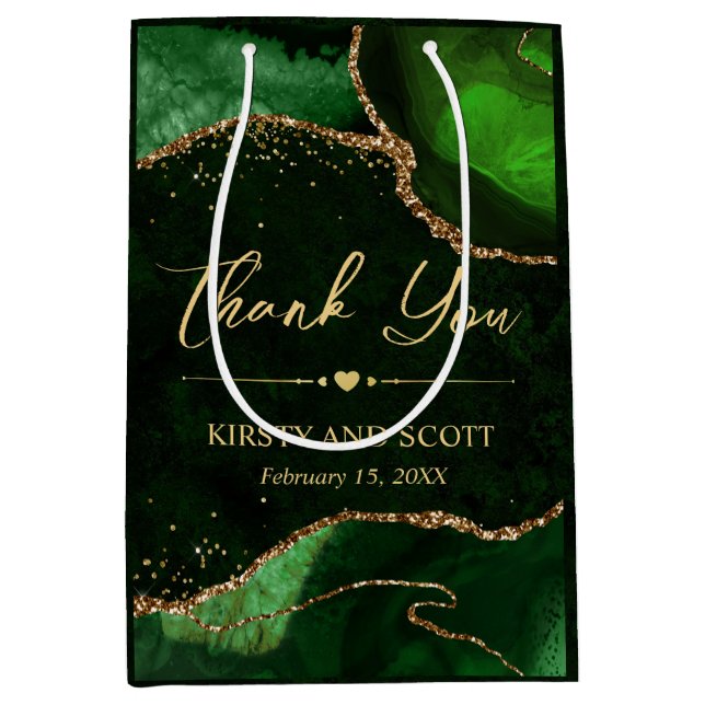 Green and Gold Faux Glitter Agate Wedding Medium Gift Bag (Front)
