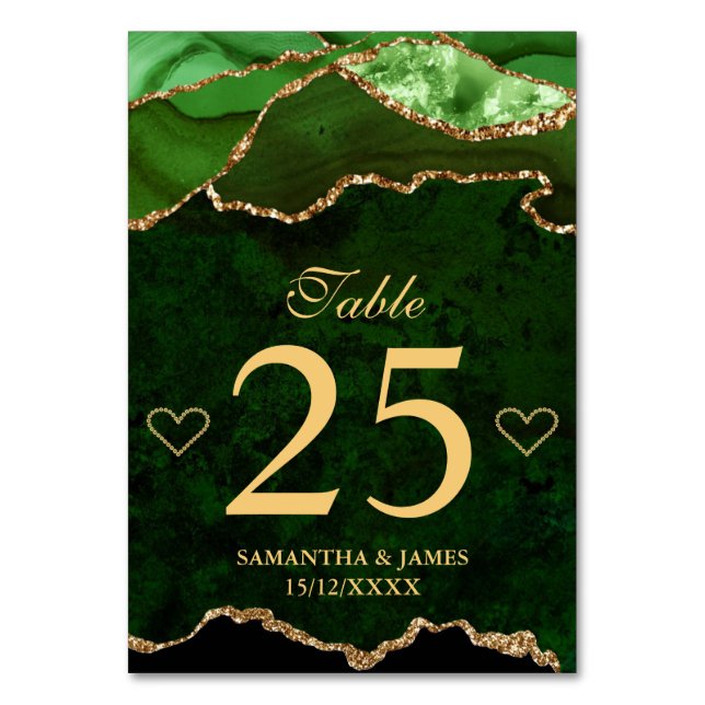 Green and Gold Faux Glitter Agate Wedding Table Number (Front)