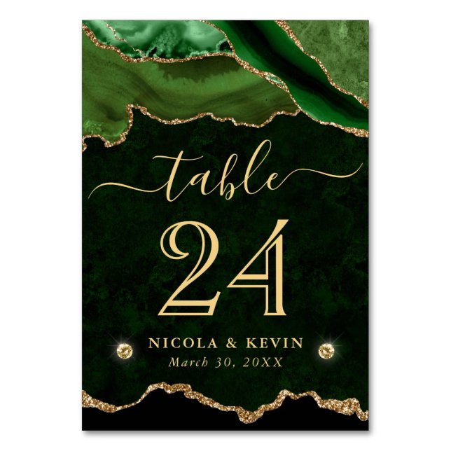 Green and Gold Faux Glitter Agate Wedding Table Number (Front)