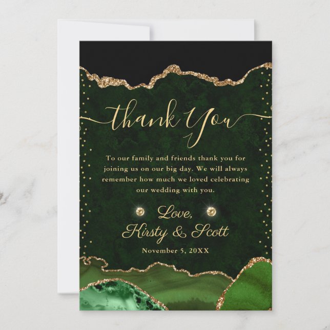 Green and Gold Faux Glitter Agate Wedding Thank You Card (Front)