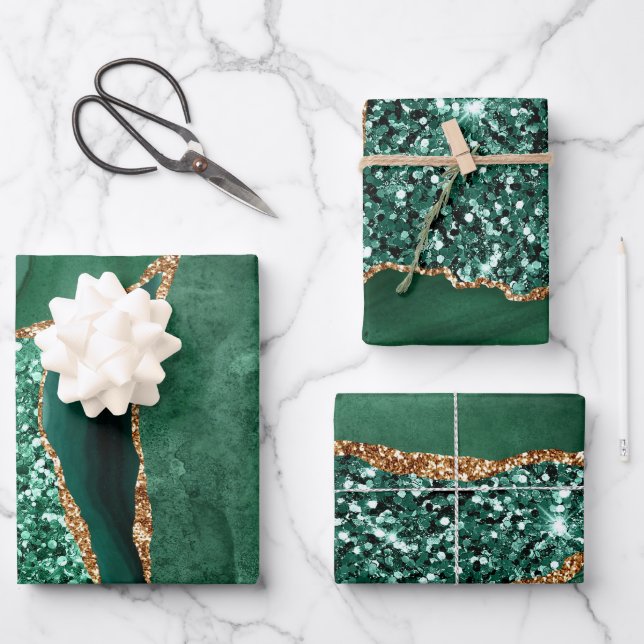 Green and Gold Faux Glitter Agate Wrapping Paper Sheet (Front)