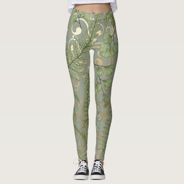 Green and Gold Fern Pattern Leggings (Front)