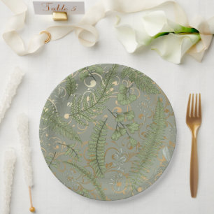 Green and Gold Fern Pattern Paper Plate
